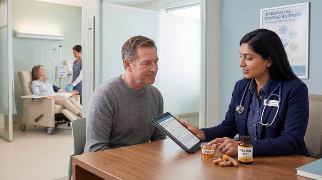 Oncology consultant discussing a treatment plan with a patient at Wellbeing Medical Group